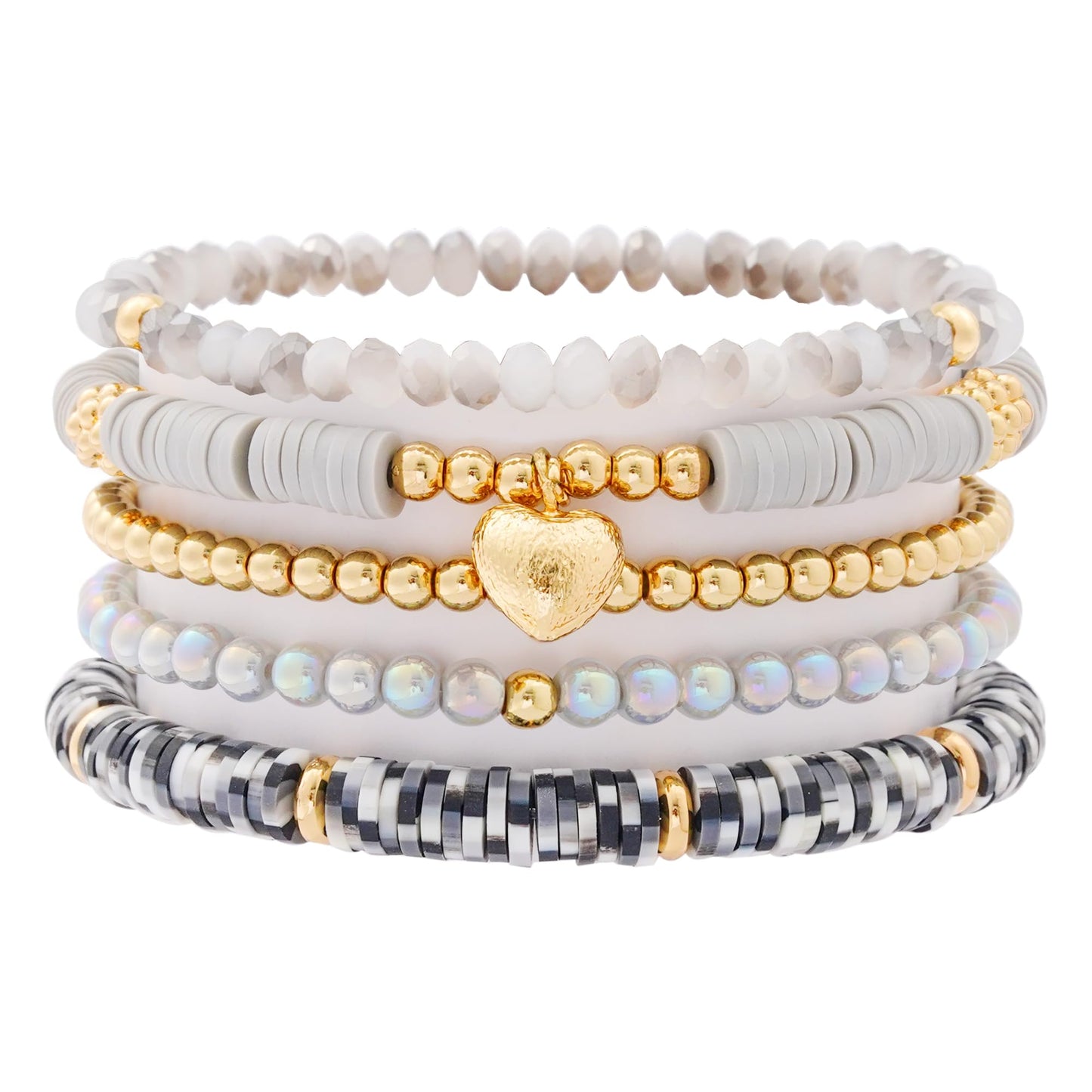 RISHEGAE Heishi Beaded Stretch Bracelets for Women Stackable Gold Polymer Clay Beads Bracelet Friendship Boho Summer Beach Bracelets Jewelry Set (E-Gray Heart)