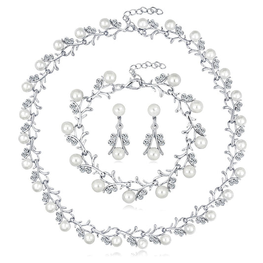 AILUOR Pearl Jewelry Set for Women - 14K Gold/Silver Plated Pearl Necklace, Earring & Bracelet Set - Wedding Bridal Gift (3pcs Silver)