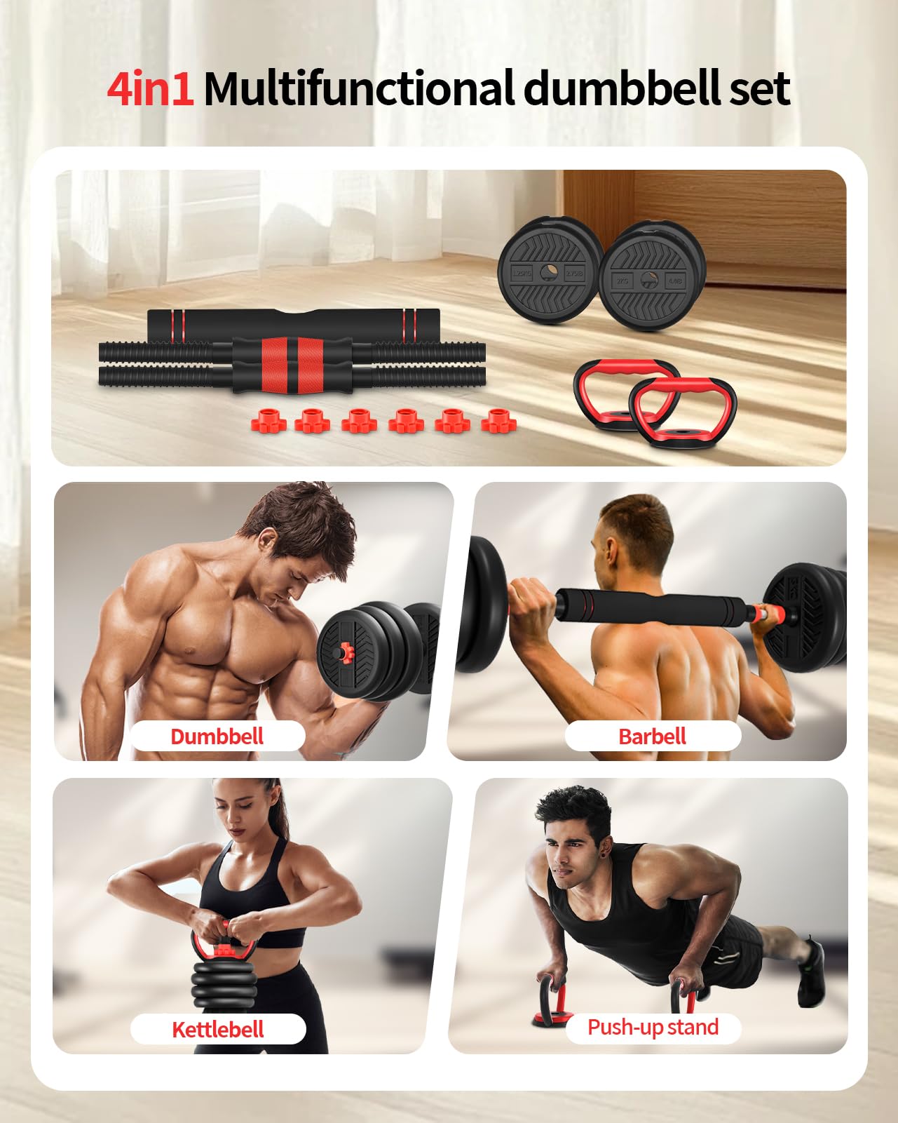 Adjustable Dumbbells,20/30/40/60/80lbs Free Weight Set with Connector, 4 in1 Dumbbells Set Used as Barbell/Kettlebells/Push up Stand, Fitness Workout Equipment for Home Gym for Youth,Women/Men