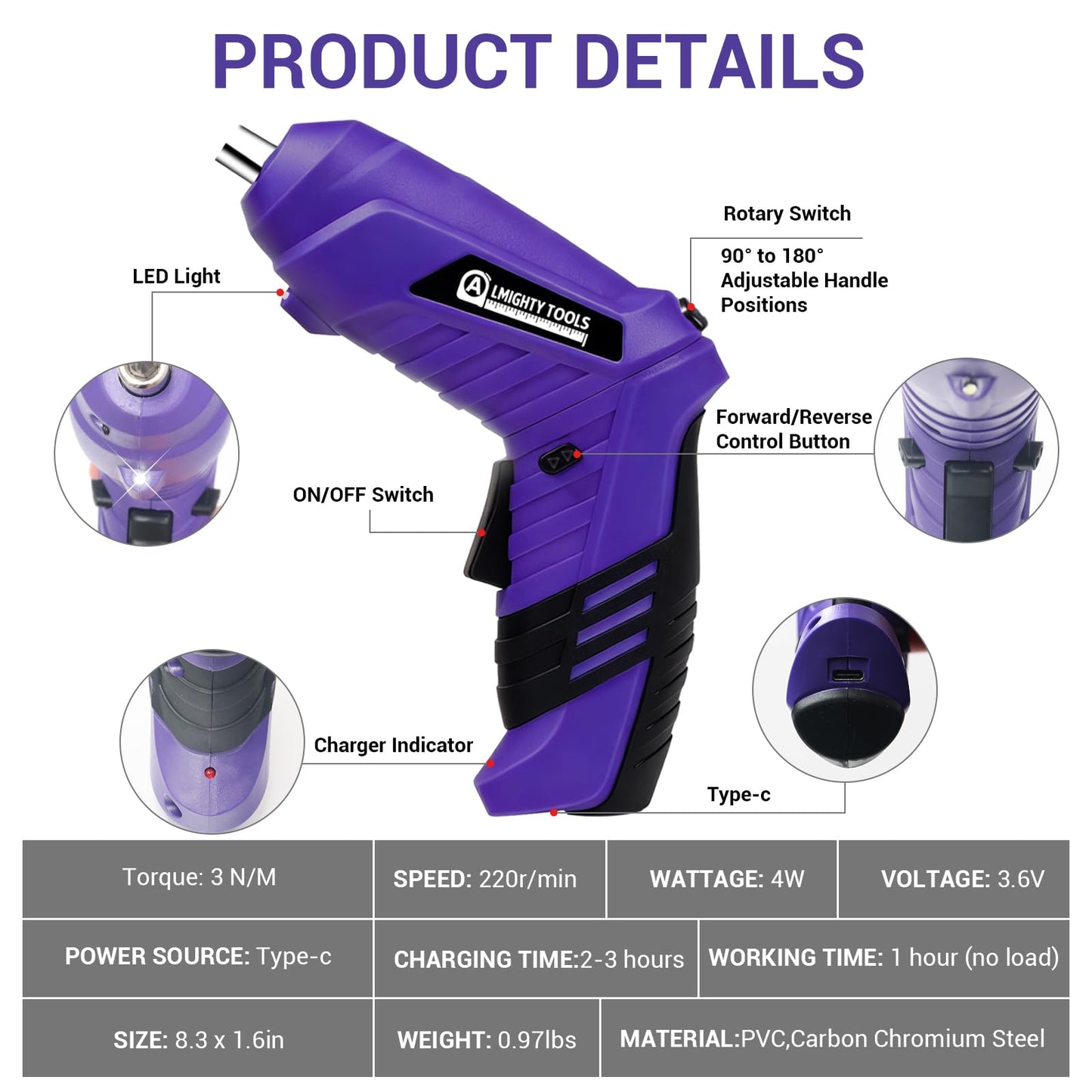 Electric Screwdriver Cordless, 3.6V Cordless Screwdriver Rechargeable, 47Pcs Small Power Screwdriver Set with Pivoting Handle and LED Light, 3Nm Battery Screw Gun for DIY Enthusiasts