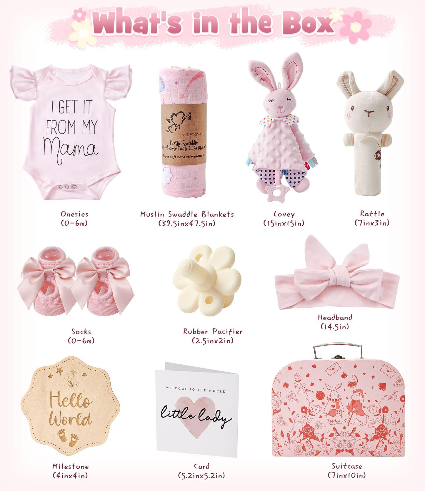 Golray Baby Shower Gifts for Girls, Baby Girl Gifts Baskets with Rattle, Blanket/Bodysuit Set, New Born Essential Stuff, Gender Reveal Ideas Infant New Born Baby Girls Gift Basket