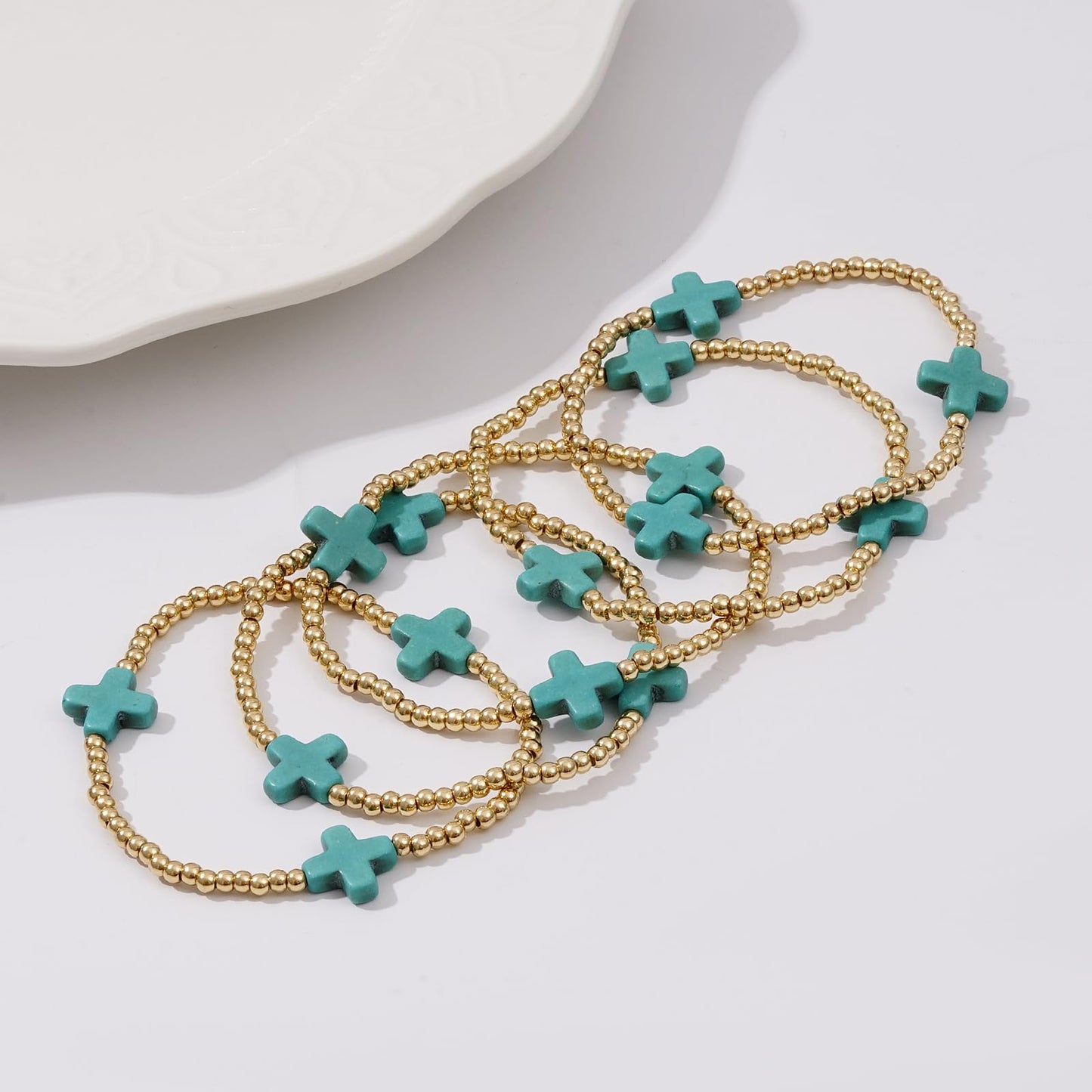 Sajidos Gold Plated Beaded Bracelets for Women Trendy, 14K Gold Plated Stack Cross Pearl Bead Stretch Bracelets Set Elastic Hypoallergenic Bracelets Jewelry Gifts (style14)