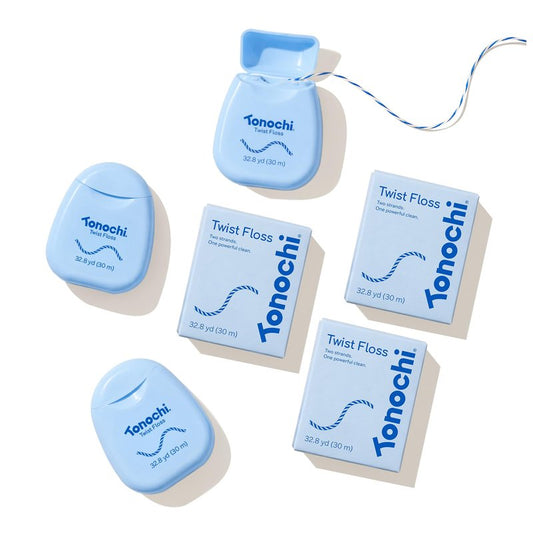 Tonochi Twist Deep Clean Woven Dental Floss for Plaque Removal, Shred-Resistant, PFAS Free, Beeswax Coated, Mint + Xylitol, 3-Pack (33 yd Each)