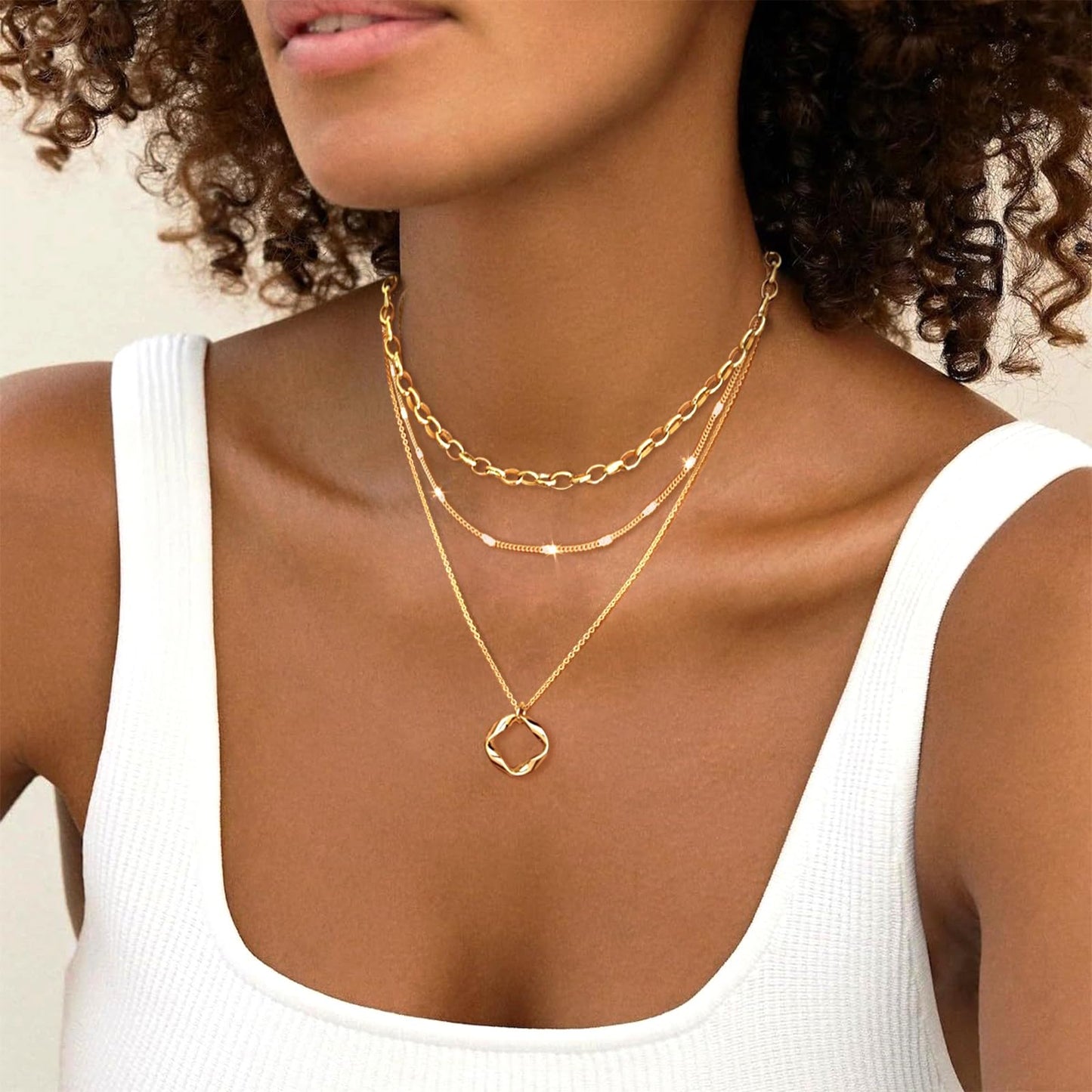 OGD Gold Layered Necklaces for Women 14k Gold Plated Dainty Stackable Choker Necklaces Trendy Layering Circle Paperclip Chain Cute Pendant Necklace Set Gold Jewelry for Women