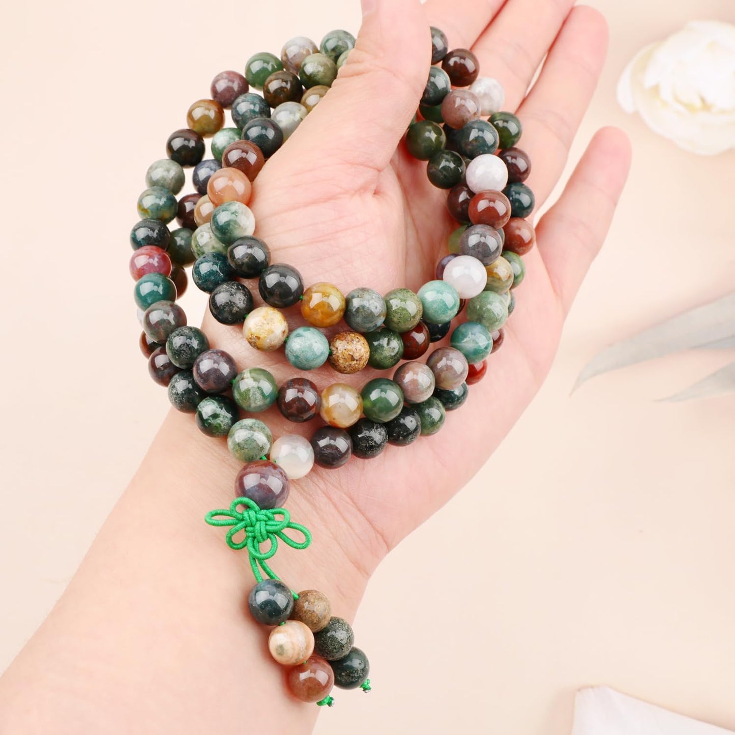 AD Beads 8mm 108 Prayer Mala India Agate Elastic Bracelet - Provides Peaceful and Healing - Handmade Yoga Meditation Healing Power Energy Gifts for Unisex Adult.