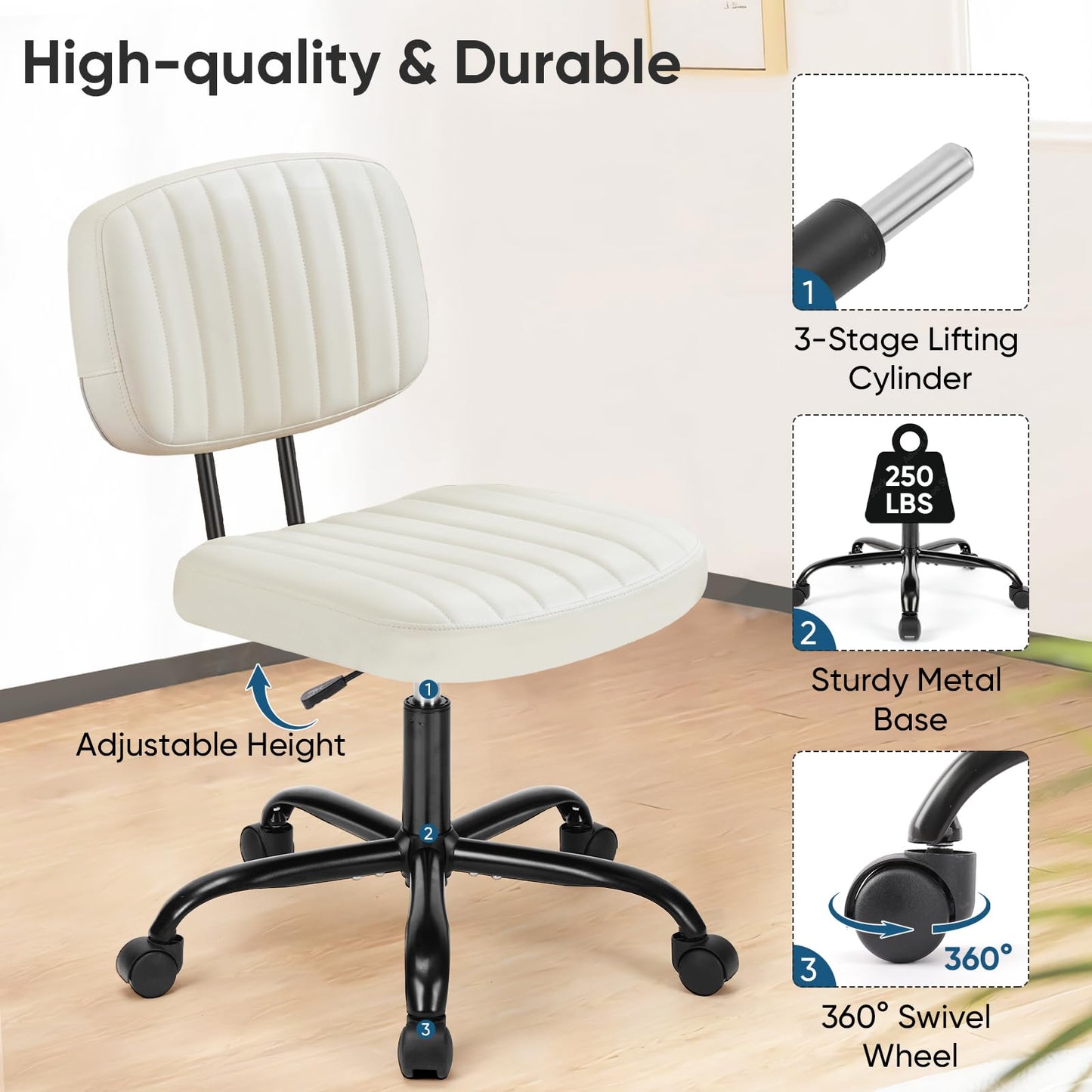 DUMOS Armless Home Office Desk Chair -Small Ergonomic with Low Back Lumbar Support, Height Adjustable PU Leather Computer Task with 360° Swivel Rolling Wheels, for Small Space, Beige White