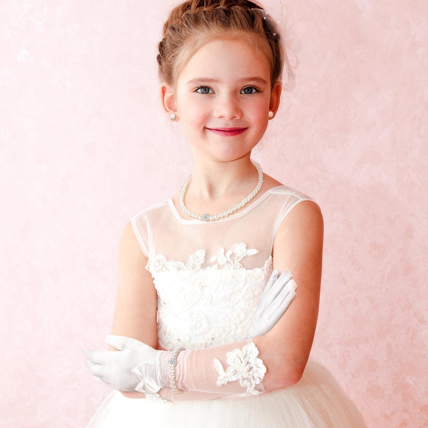 Geyoga 4 Pcs Pearl Necklace Set for Little Girls Toddler Girls Jewelry Communion Gloves for Kids Christmas Tea Party Wedding(Elegant Style,8-12 Years)