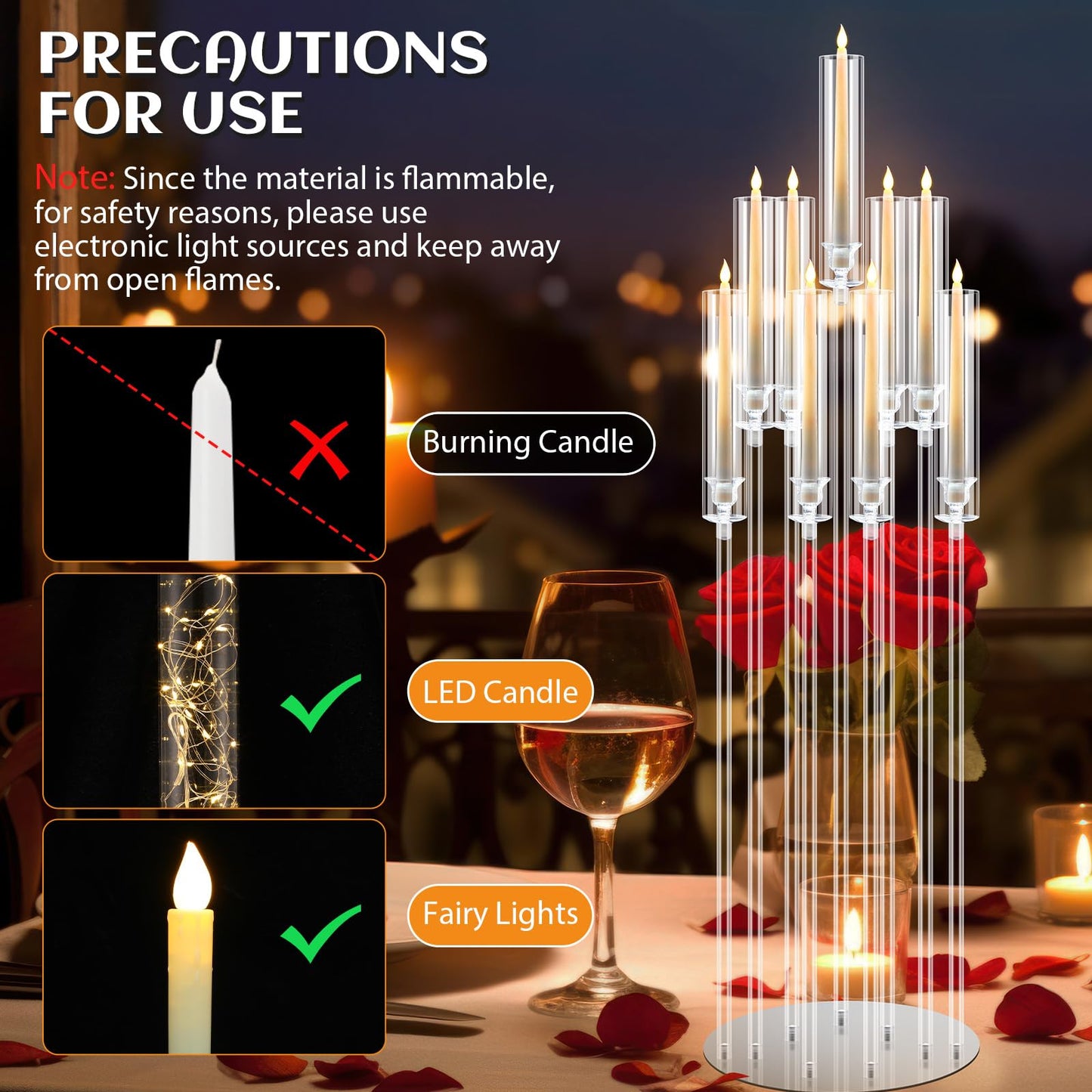 Tessco 4 Pcs 9 Arm 42.5" Acrylic Candelabra Table Centerpiece Floor Candelabras Clear Candle Holder with Removable Lampshade Wedding Candelabra Centerpiece Fit 0.8 LED"