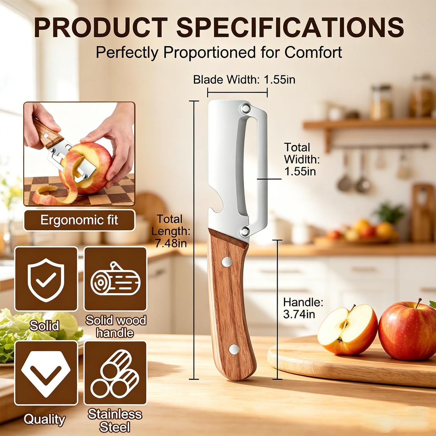 MultiFunctional Vegetable Peeler for Kitchen, Vegetable Peeler with Wooden Handle and Bottle Opener, 2-in-1 Stainless Steel Kitchen Peelers for Fruit Veggie Apple Potato Pumpkin Papaya(2PCS)