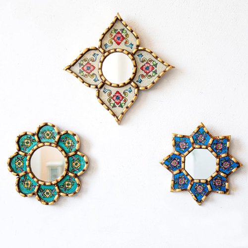 Peruvian Small Wall Mirror set of 3 - Decorative Vintage mirrors of 6" for wall decor - Painted Glass mirror for wall room decor