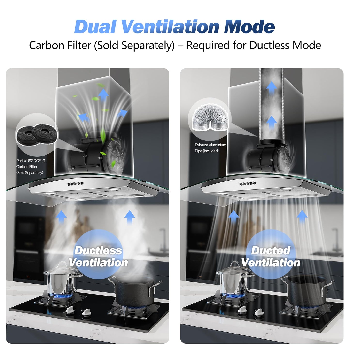 Tieasy 36 inch Island Range Hood 700 CFM Ceiling Mount Hood Stainless Steel Stove Vent Hood with Tempered Glass, Push Button Controls, Mesh Filters