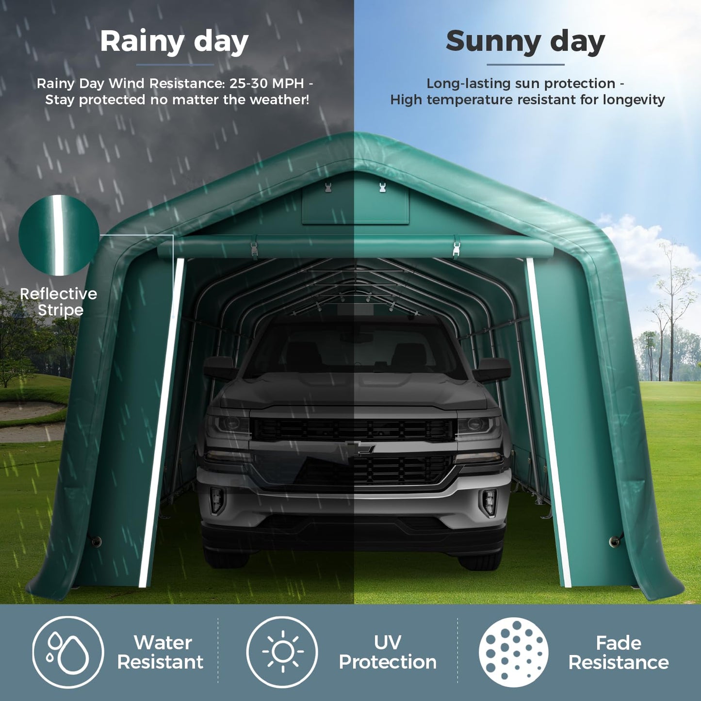 GREEN PARTY 11' x 24' Heavy Duty Carport, Portable Storage Shelter Shed Outdoor Carport with Roll-up Zipper Door & Vents, Storage Car Canopy Car Tent Garage for SUV, Truck and Boat, 200g PE Cover