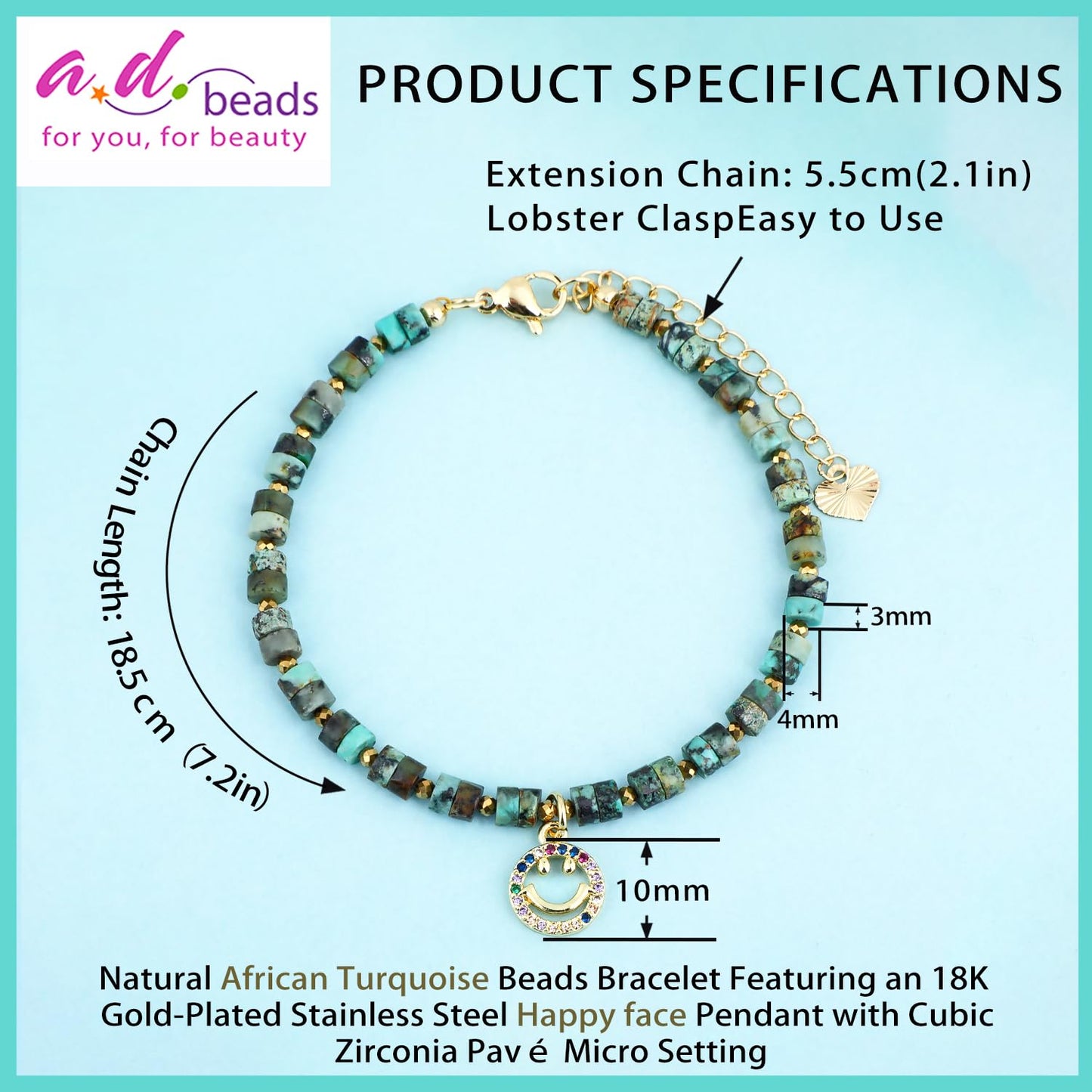 Natural Gemstone Healing Crystal African Turquoise Dainty Charms Happy face Bracelet Adjustable Chain Extender Minimalist Jewelry
