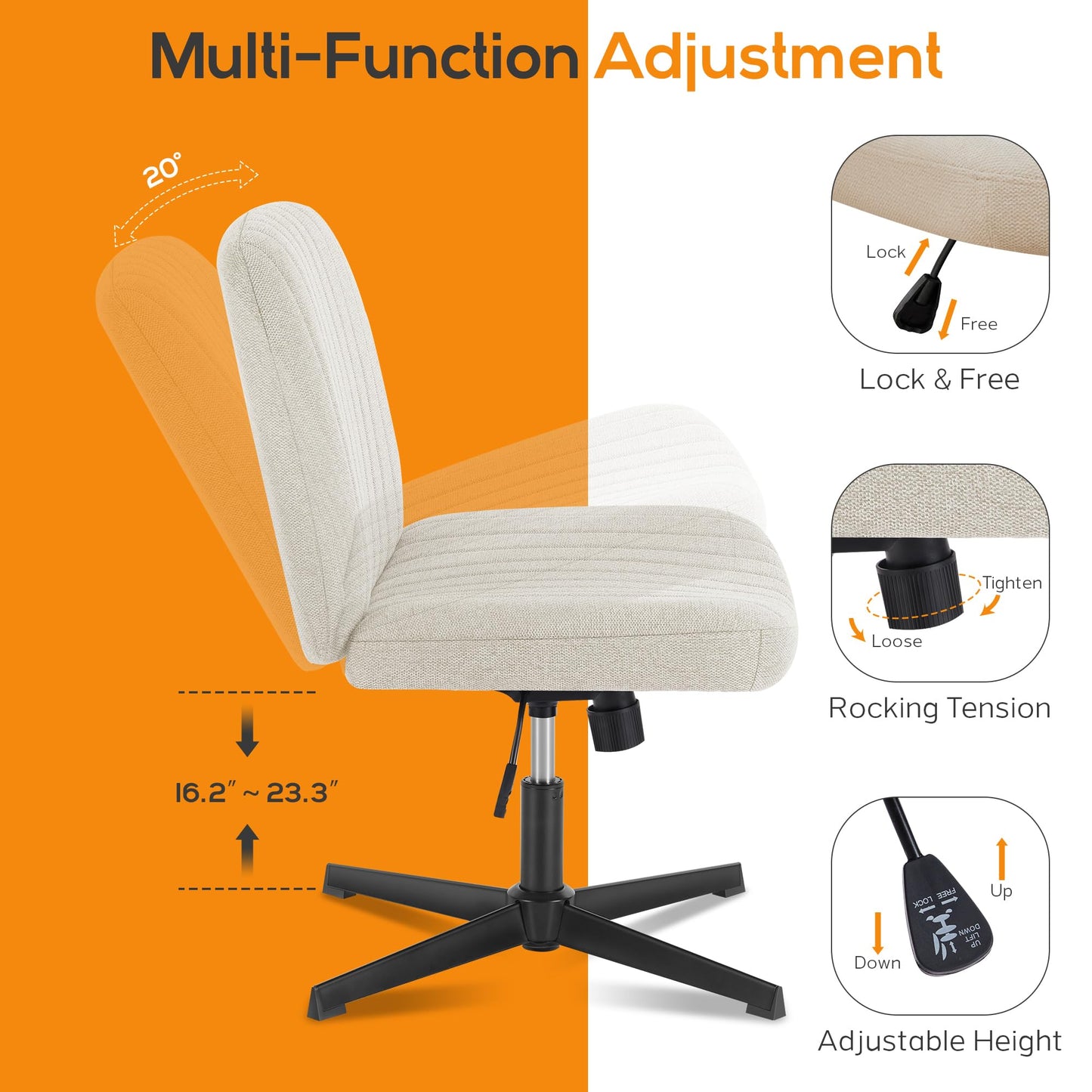 DUMOS Criss Cross Chair Legged Office Wide Comfy Desk Seat, No Wheels Armless Computer Task Seating, Swivel Vanity Home Height Adjustable