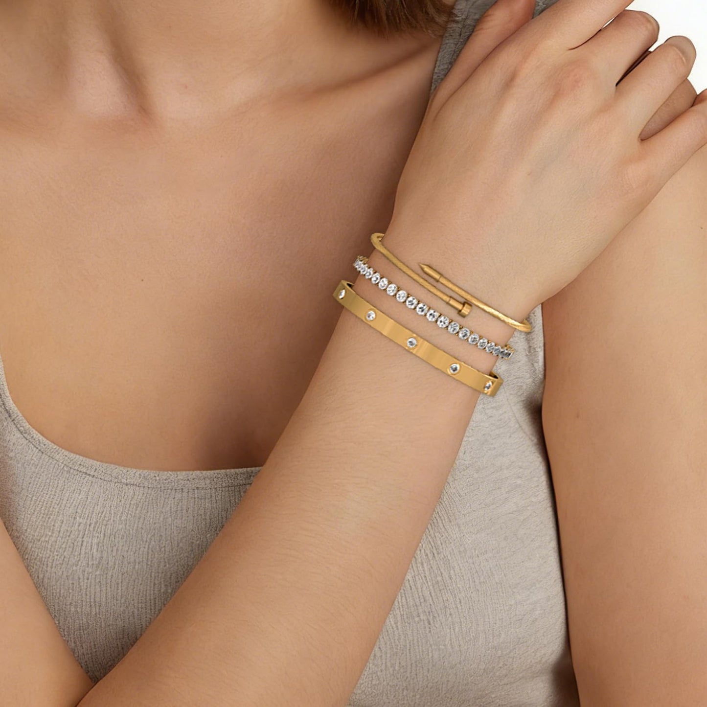 PCY Gold Bracelets For Women,3PC Bangle Gold Plated Bracelets For Women,Trendy Statement Cuff Stackable Bangles Set,Fashion Jewelry for Women.(Medium, Lucky Diamond)