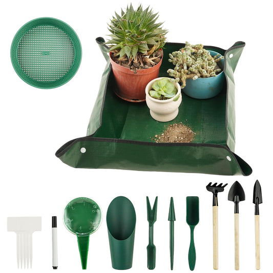 16Pcs Garden Tools, Mini Garden Hand Transplanting Succulent Tools Set, 19.6" Thickened Plant Repotting Mat & Succulent Hand Tools, Plants Transplanting Supplies for Indoor Outdoor Fairy Care, Cactus