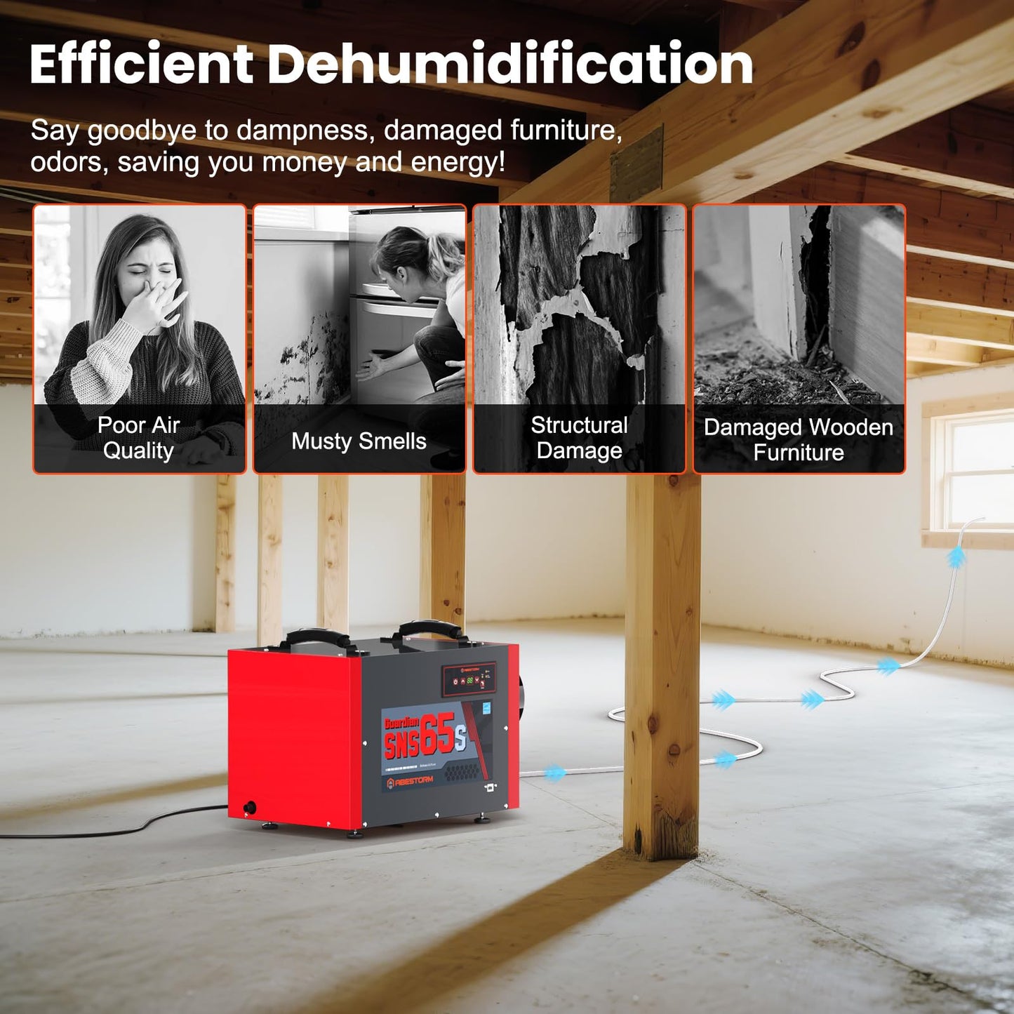 Abestorm Crawl Space Dehumidifier with Pump and Hose, 120 PPD Energy Star Commercial Dehumidifier Up to 1,300 sq. ft. for Basement, Water Damage Restoration, Auto Defrost(Guradian SNS65S)