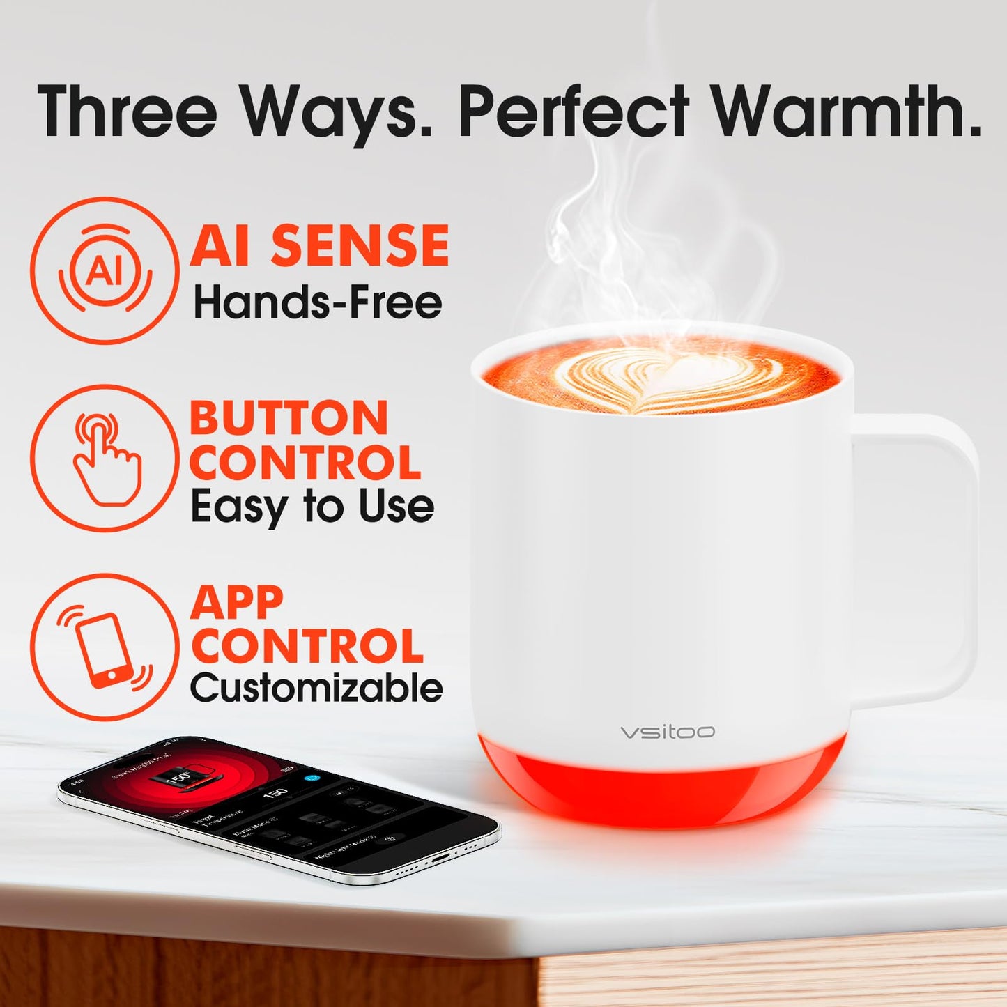 Vsitoo S6 Plus Smart Coffee Mug, 12oz,Temperature Controlled Mug & Electric Coffee Mug with Music Sync Lights，Auto-Sensing AI Heats Drinks to 120-150°F Hands-Free. Ideal for Home/Office/Gifts - White