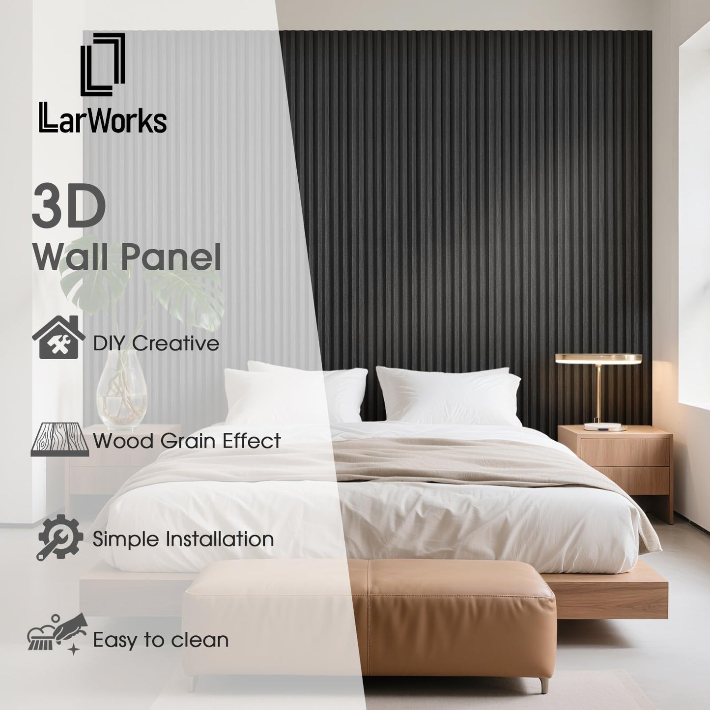 LARWORKS WPC Slat Wall Panels 8 Pack 96" x 6", Waterproof Fluted Wall Paneling, Accent 3D Wall Panel for Wall Decor, Bathroom, Bedroom, Office - Low Grille Black (Cover Approx.32 sq.ft)