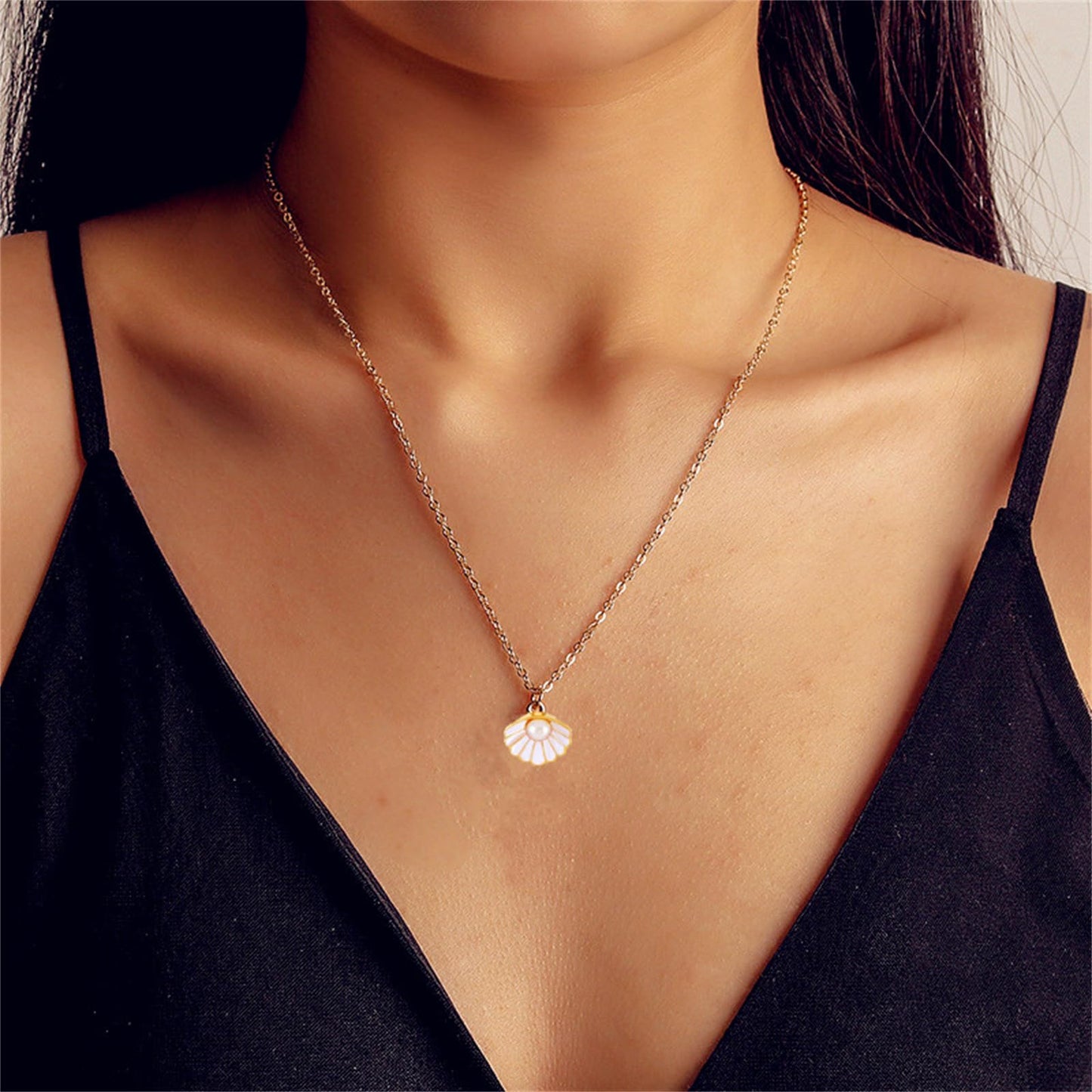 Seashell Pearl Pendant Necklace Gold Plated Boho Enamel Pink Blue Scallop Sea Shell Starfish Ocean Animal Chain Necklace for Women Hawaiian Summer Beach Holiday Fashion Jewelry Gifts (white)