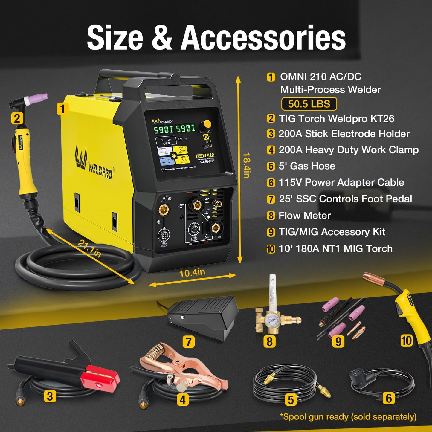 Weldpro 200A Multi Process MIG Welder, 6 in 1 MIG/Flux Core/Stick/Spool Gun/AC/DC TIG Welder 110V/220V, High Frequency Aluminum Welding Machine with Pulse/Balance/Frequency Control