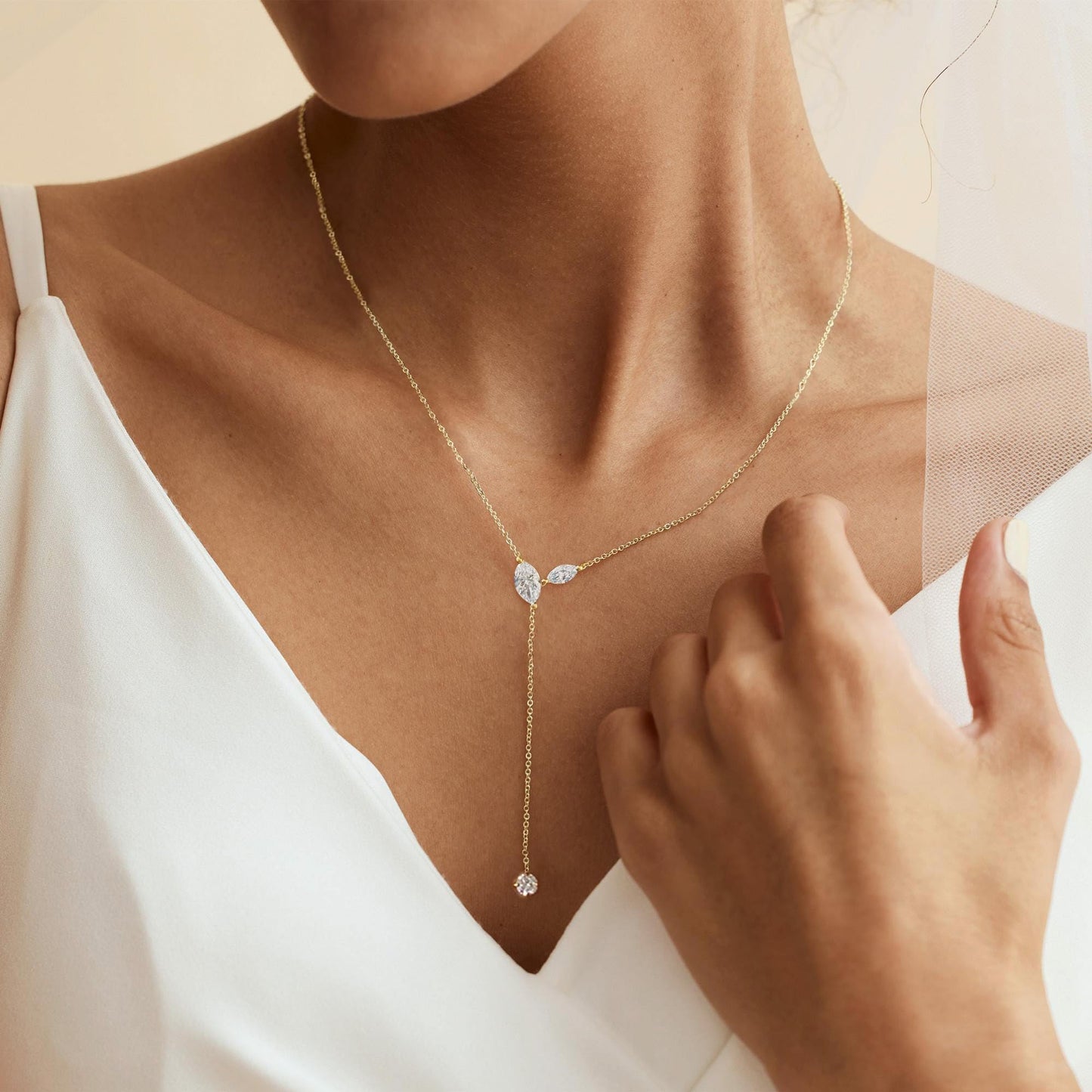 FUCJOEE Long Gold Necklaces for Women - Dainty Lariat Necklace 14K Gold Plated CZ Y Tear Drop Necklaces for Women Trendy Simple Summer Long Gold Necklace Beach Gold Jewelry Gifts