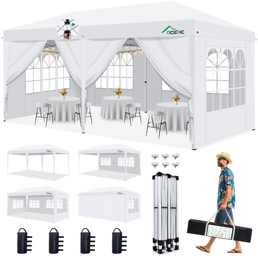 Acepic 10x20 Pop Up Canopy,2 Central Lock Easy Set-up Outdoor Party Tent, Commercial Tent, 6 Removable Sidewalls, Stakes x12, Ropes x6, Hand Bag x1, Sandbags x4 (White, 10 * 20)