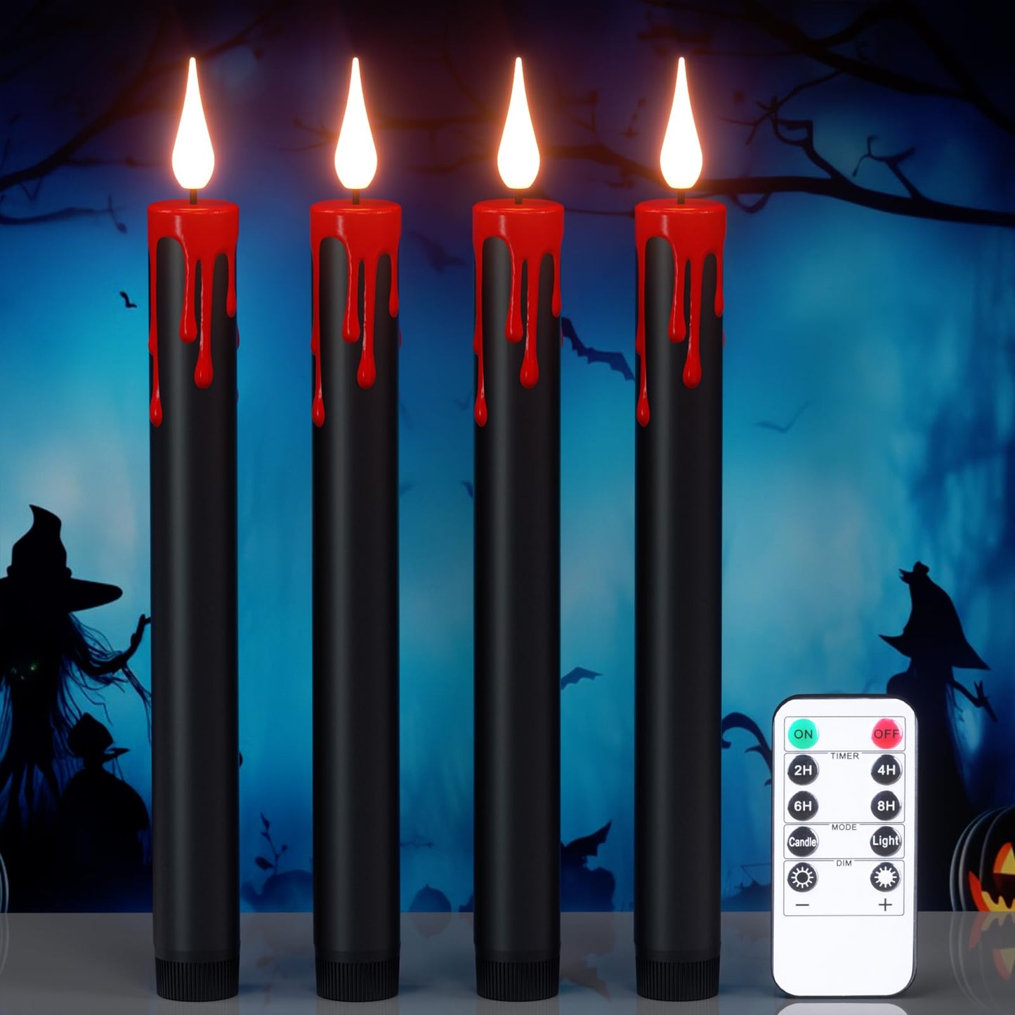 DRomance Black Flameless Taper Candles Flickering with Remote and Timer, Blood Dripping Wax Effect Battery Operated Yellow Light LED Taper Candles Dinner Halloween Spooky Decor(4 Pack, 0.78" x 8.9"")"