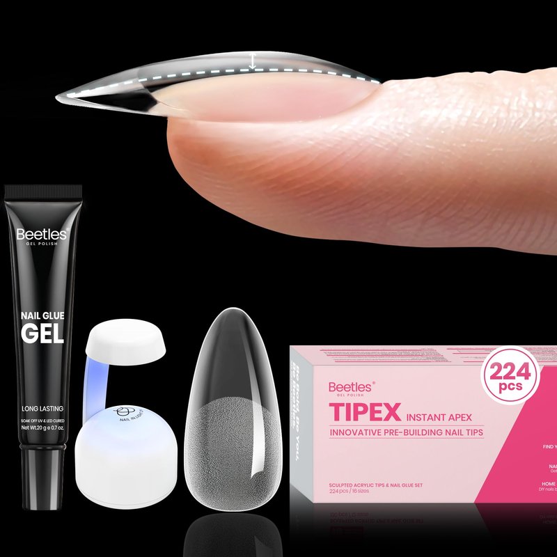 Beetles Tipex Instant Apex Medium Almond Tip Kit, 224 Pcs, 16 Sizes, Pre-Built Pre-Etched Thick Acrylic Tips, Includes Mini UV Lamp & Tipex Nail Glue