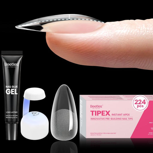 Beetles Tipex Instant Apex Medium Almond Tip Kit, 224 Pcs, 16 Sizes, Pre-Built Pre-Etched Thick Acrylic Tips, Includes Mini UV Lamp & Tipex Nail Glue