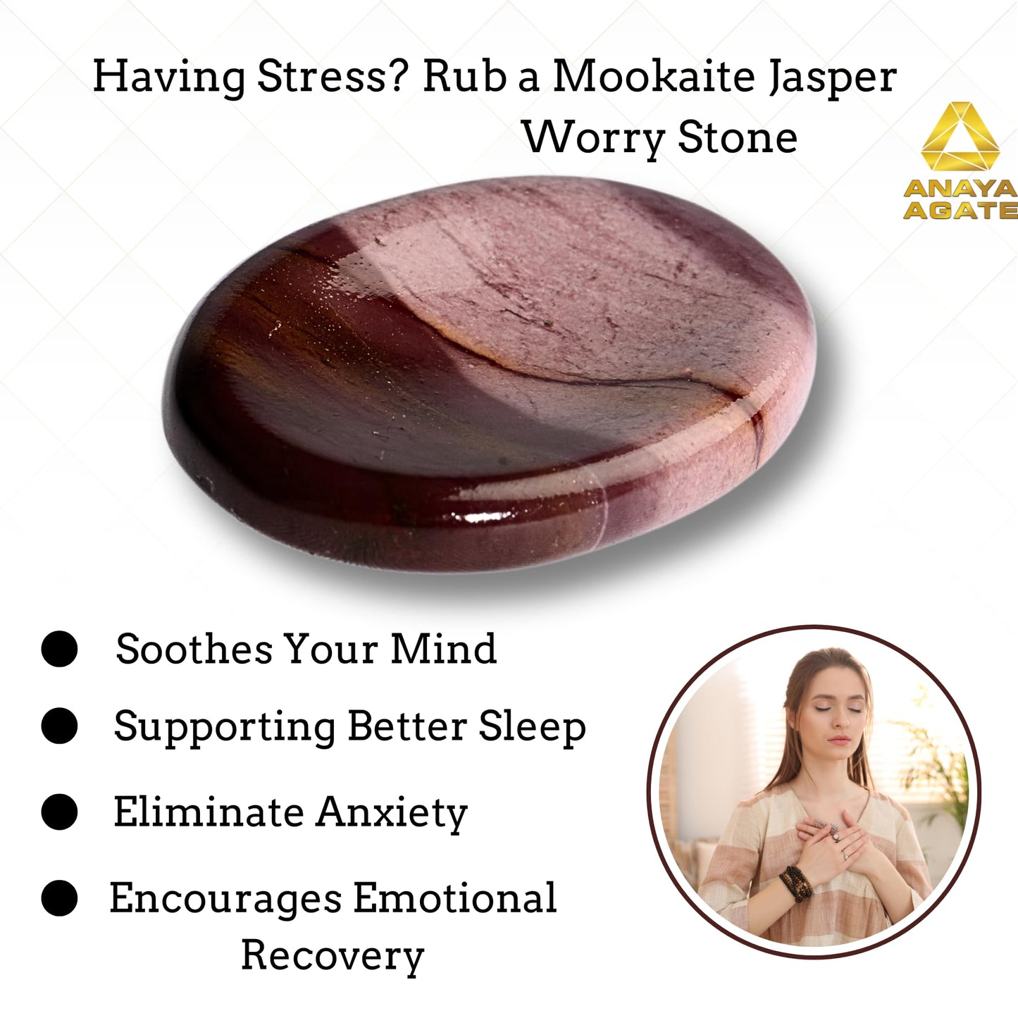 Anaya Agate Mookaite Jasper Worry Stones Certified Crystal Thumb Worry Stone for Anguish, Relaxing and Soothing Balance Stones for Meditation, Stress Relief Crystals and Healing Stones for Men, Women
