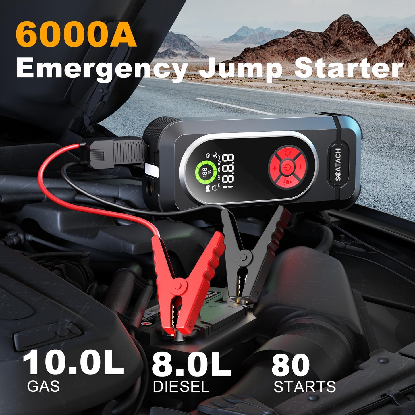 6000A Jump Starter with Air Compressor, Car Battery Jump Starter Portable (10.0 Gas/10.0L Diesel), 150 PSI 12V Car Battery Jump Box with Tire Inflator, Jumper Cables, LED Light, LED Display