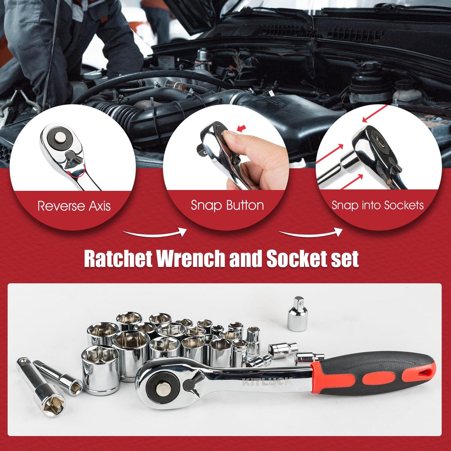 KITLUCK 228-piece Home Tool Kit, Household Hand Repair Tool Set for men, Portable Tool box Set with Tools (Screwdriver, Wrench, Plier, Socket, Harmer, Hex Key, Rule, Saw, Knife, etc.) for Home and Car