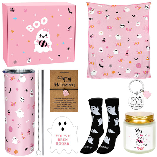 8 Pcs Halloween Boo Basket Gifts Pink Ghost Gift Halloween Boo Basket Stuffers for Women Include 20 oz Ghost Tumbler with Lid and Straw Throw Blanket Socks Keychain Bracelet Candle Card with Gift Box