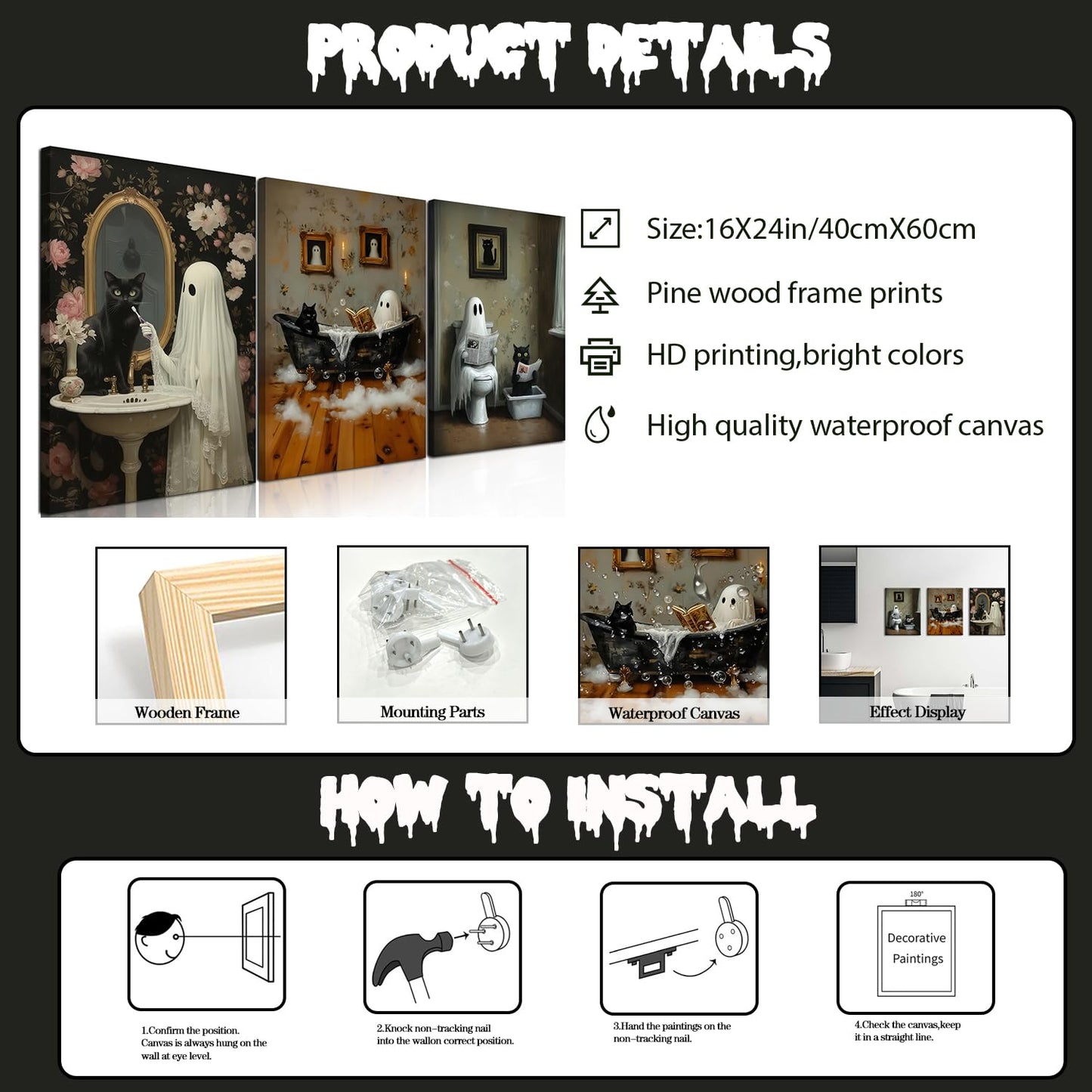 Halloween Ghost Bathroom Canvas Wall Art Set of 3, Funny Horror Ghost and Cute Black Cat in Bathtub Pictures Wall Decor, Gothic Dark Academia Paintings Prints for Toilet Dorm 16x24 inch Framed