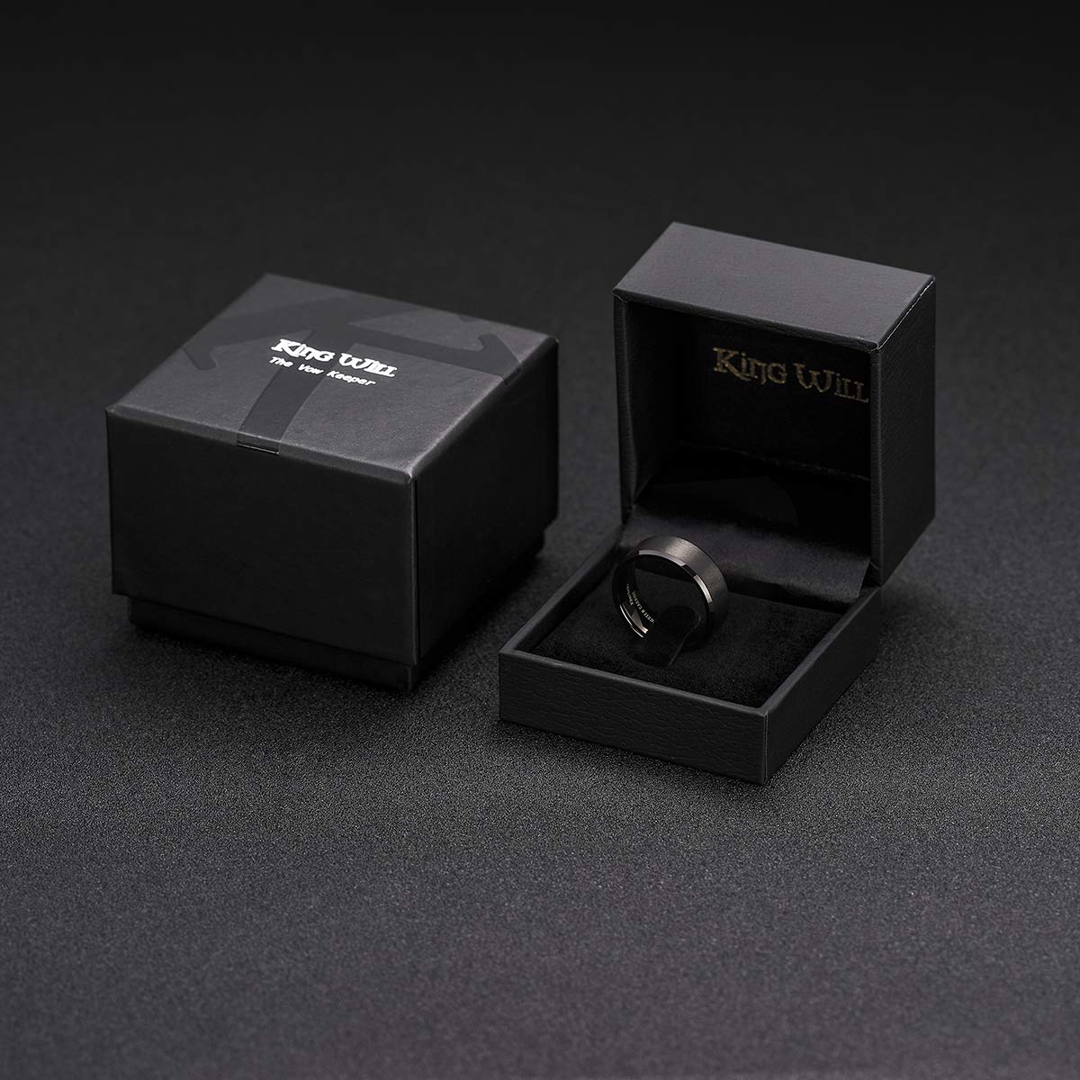 King Will 9mm Men's Black Wedding Ring - Brushed Matte Surface, Beveled Polished Edge, Comfort Fit Size 7