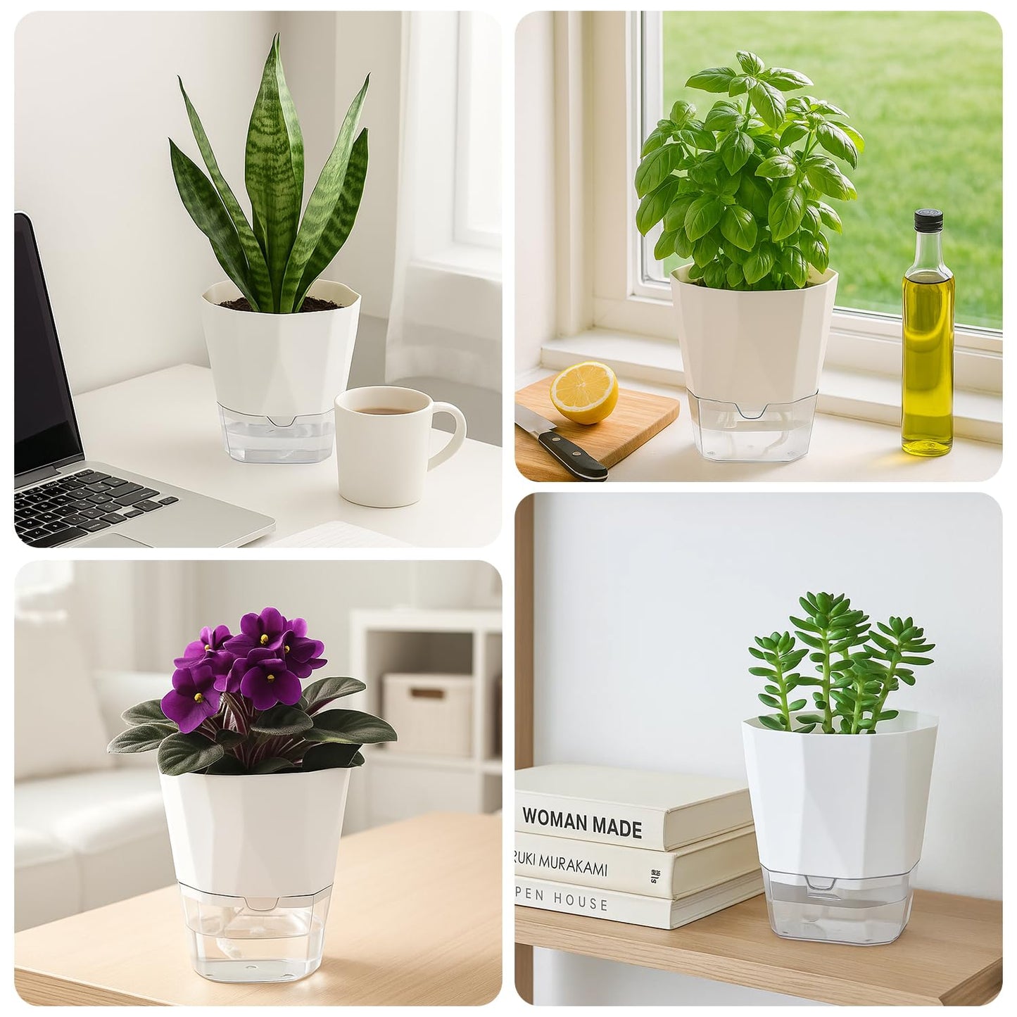 2 Pack Self Watering Pots for Indoor Plants, 8.4 Inches Self Watering Planters Large African Violet Self Watering Clear Pots for Plants Large Herb Orchid Flower Houseplant Pots, White