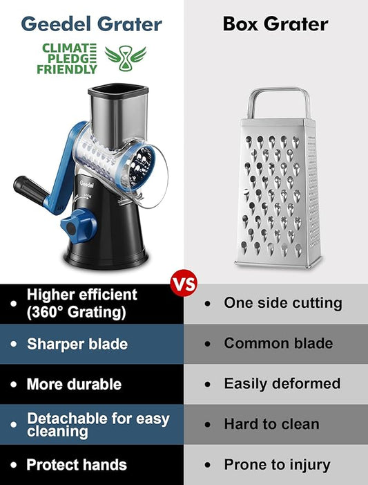 Geedel Rotary Cheese Grater, Kitchen Mandoline Vegetable Slicer with 3 Interchangeable Blades, Easy to Clean Grater and Vegetable Chopper, Onion Chopper Pro Food Chopper, Kitchen Slicer
