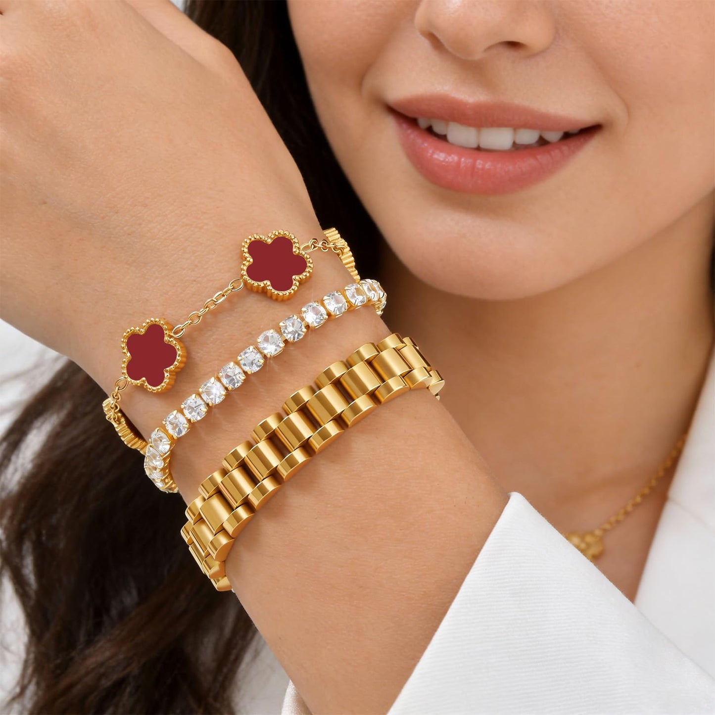 Stackable Gold Floral Bracelets Set - 3pcs 18K Gold Plated Bracelet Non-tarnish,Stainless Steel Link Chain Friendship Bracelet,Watch Band Trendy Jewelry,Christmas Valentines Birthday Gifts for Women