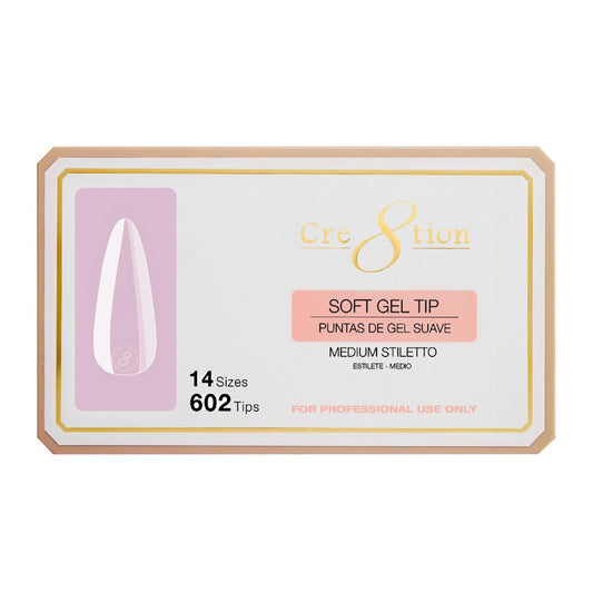 Cre8tion Soft Gel Nail Tips, Medium Stiletto Shape, 602 Tips in 14 Sizes (00-9) for Professional Nail Extensions