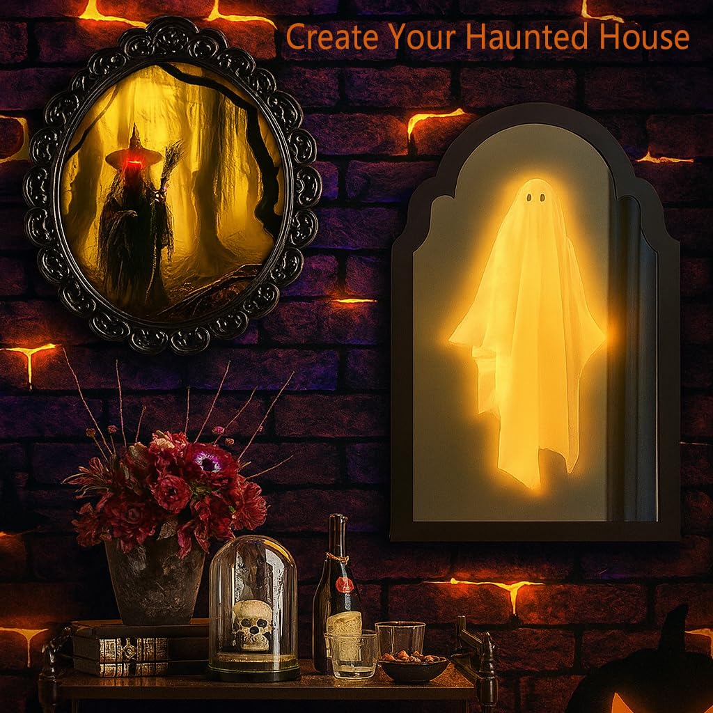 KYWYOYOU 2025 Novelty Ghost Mirror with LED Lights – Scary Holographic Mirror with Haunted Ghost Figure, Halloween Indoor Decoration for Bedroom, Bathroom, Fireplace, DIY Wall Decor (Style A-Small)