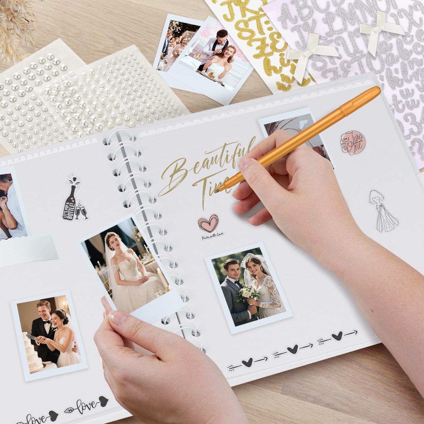 Draupnir 8 x 8 Inch Letters To The Bride Scrapbook Wedding Memory Book with Pearl Lace Wedding Metallic Letters Stickers Bows Pen Bridal DIY Blank Paper Scrapbook Photo Album Guest Book Sign