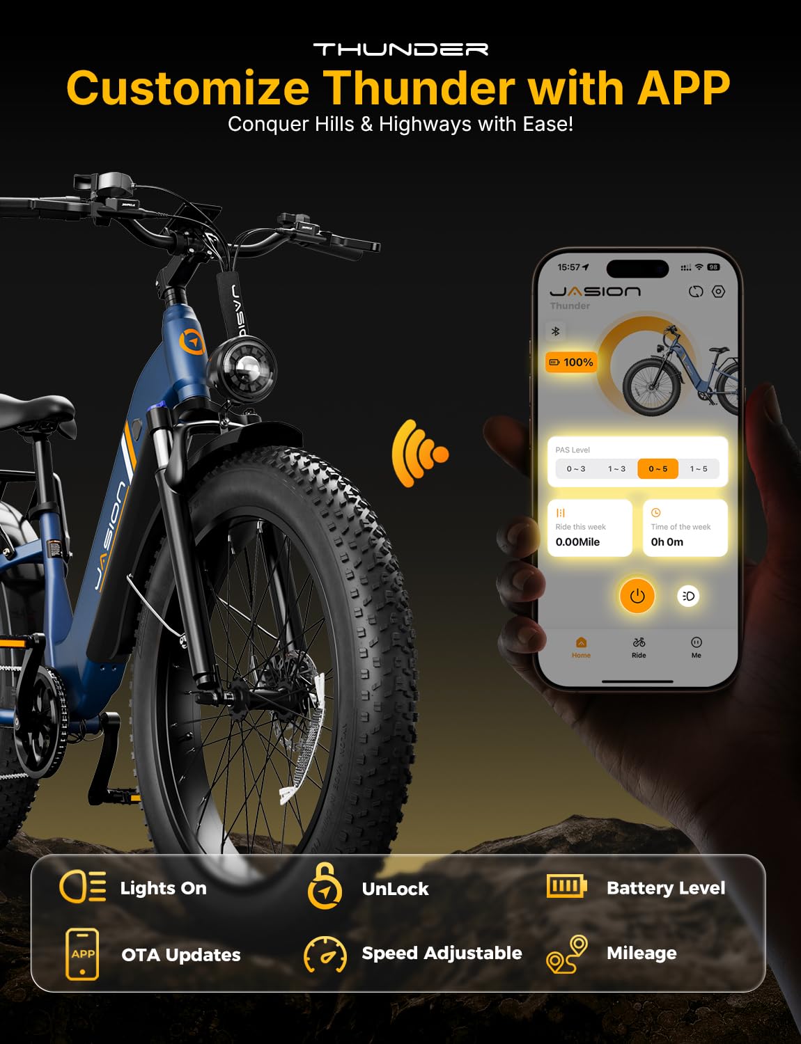 Jasion Thunder Electric Bike for Adults,1800W Peak,26''x 4''Fat Tire E Bikes,80 Miles with 864Wh Removable Battery Ebike, 30+MPH Max Speed Bicycles,Hydraulic Brakes,Front Suspension