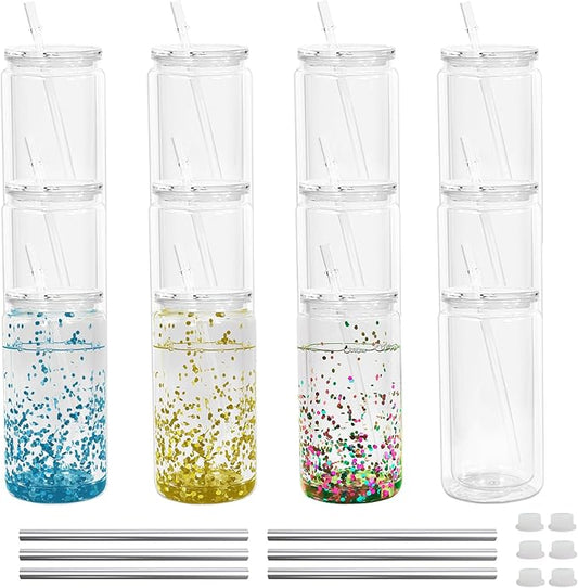 16 oz Plastic Snow Globe Tumbler, Acrylic Snow Globe Cups, Double Wall Clear Plastic Cups with Lids and Straws with Pre Drilled Hole DIY for Iced Coffee Boba Juice Soda 12 Pack
