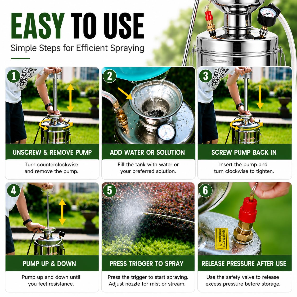 Kweetle 1.5Gal Stainless Steel Pump Up Sprayer Reinforced Hose, Hand Pump Sprayer with Pressure Gauge&Safety Valve, Adjustable Nozzle Suitable for Gardening (1.5 Gallon)