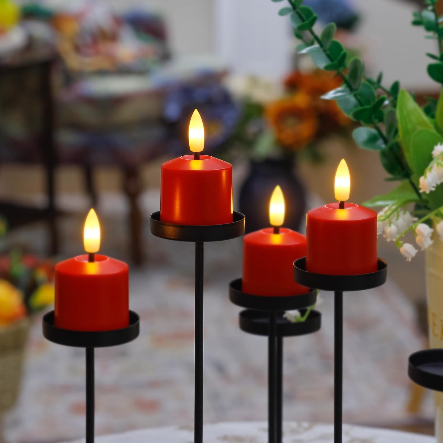 Mavandes Small Flickering Tea Light Flameless Candles with Battery and Remote,1.5" x2.5"" Red LED 2/4/6/8H Timer Votive Battery Operated Pillar Plastic Long Lasting 6pcs Tealight Candles"