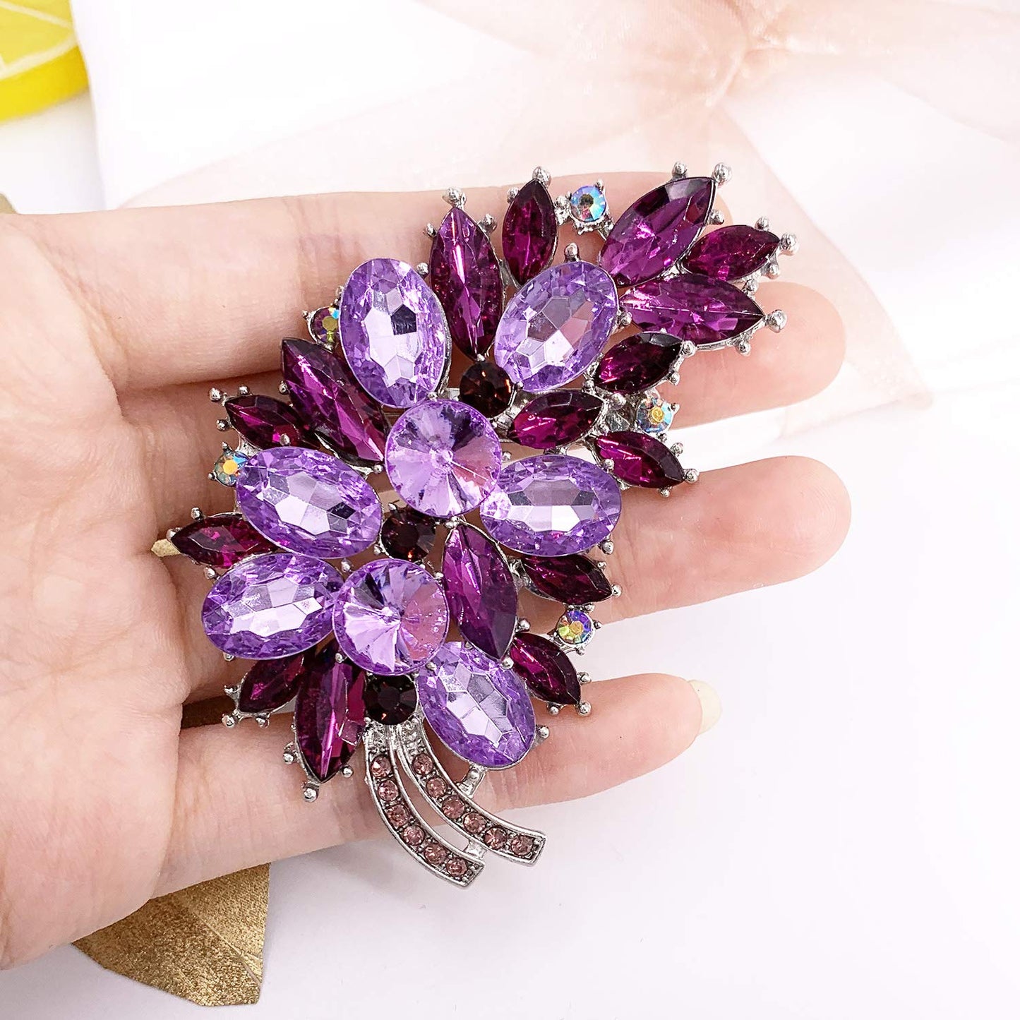 LAXPICOL Vintage Purple Austrian Crystal Flower Leaf Bouquet Clusters Large Big Brooch Pin For Women Jewelry