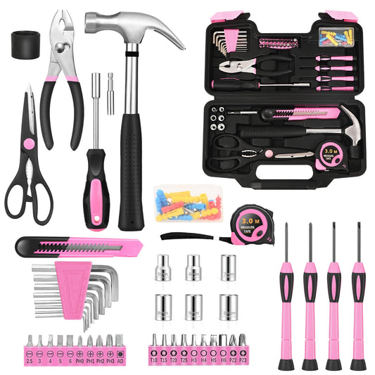 132 Piece Pink Tool Set, Womens Tool Kit for House, All Purpose Tool Kit for Home & Women, Small Home Repair Tool Set with Plastic Storage Toolbox for Garage, Office, College Dormitory, DIY Projects