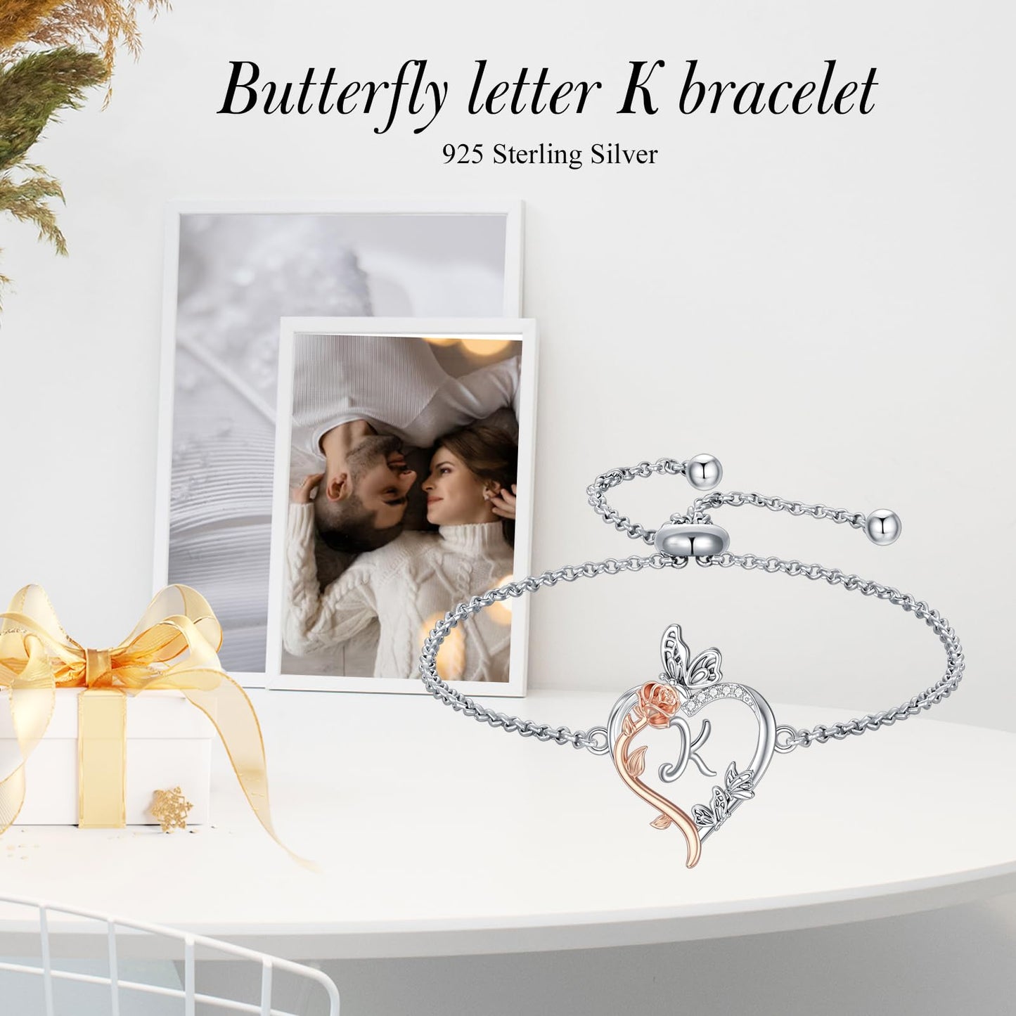 TOUPOP Rose Heart Bracelet for Women Sterling Silver Heart Initial K Letter Bracelet Butterfly Love Jewelry Anniversary Birthday Mothers Day Gifts for Mom Wife Her Girlfriend