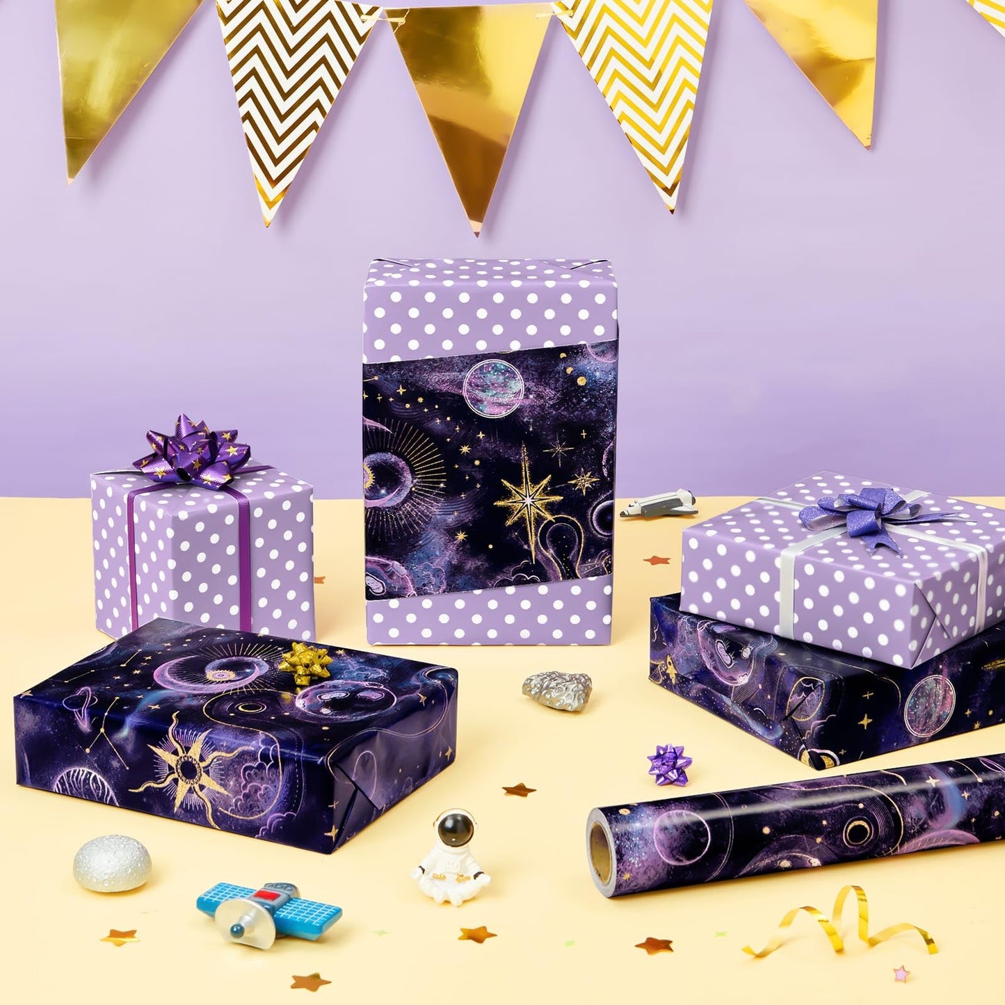 WERNNSAI Galaxy Wrapping Paper Roll - 1 Roll 17” x 33 ft Purple Dark Night Sky Nebula Star Wrapping Paper for Boys Girls Reversible Polka Dot Design Gift Wrap for Birthday Holiday Baby Shower Party Favors